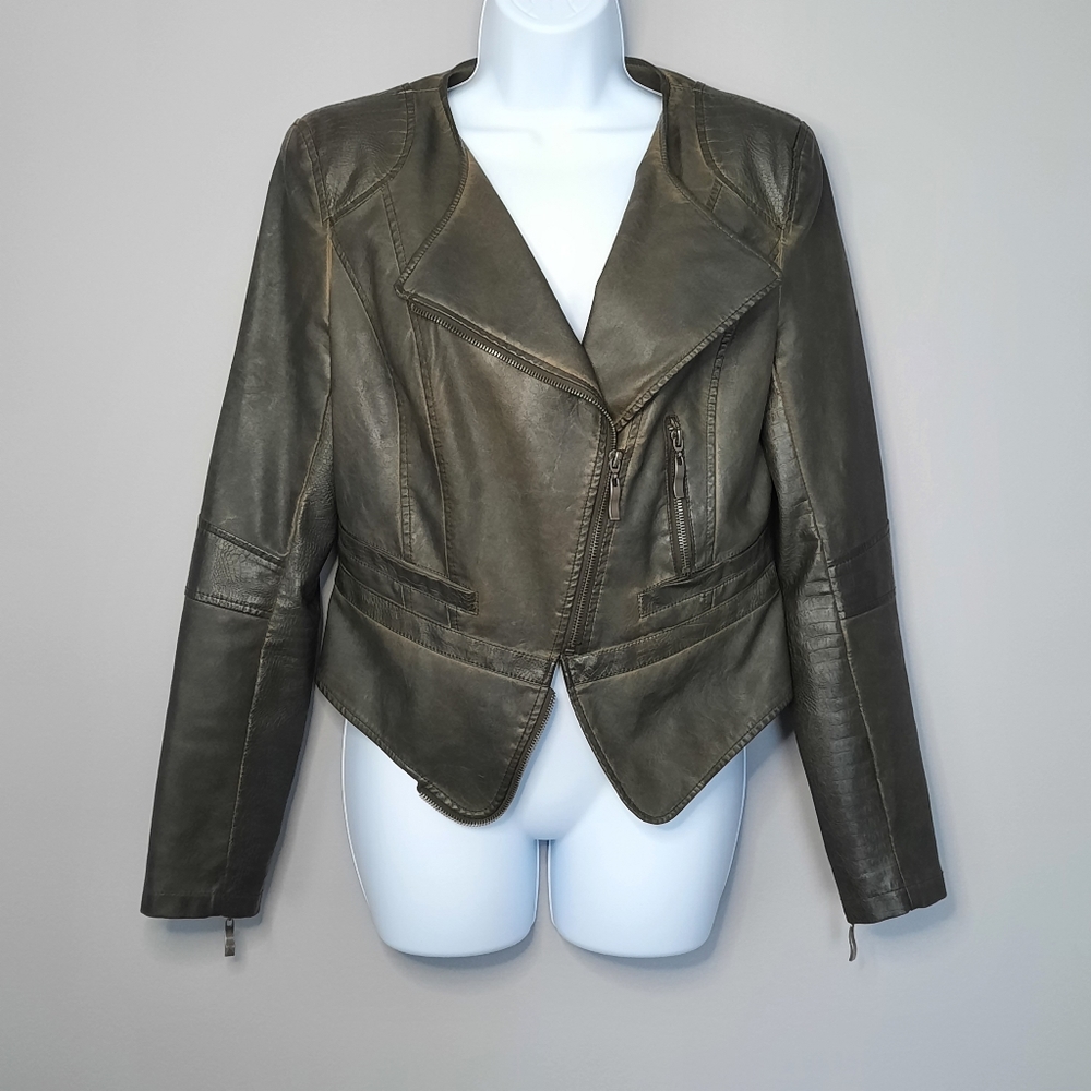 Raison D'etre Olive Green Faux Leather Punk Grunge Zip Moto Jacket size Medium